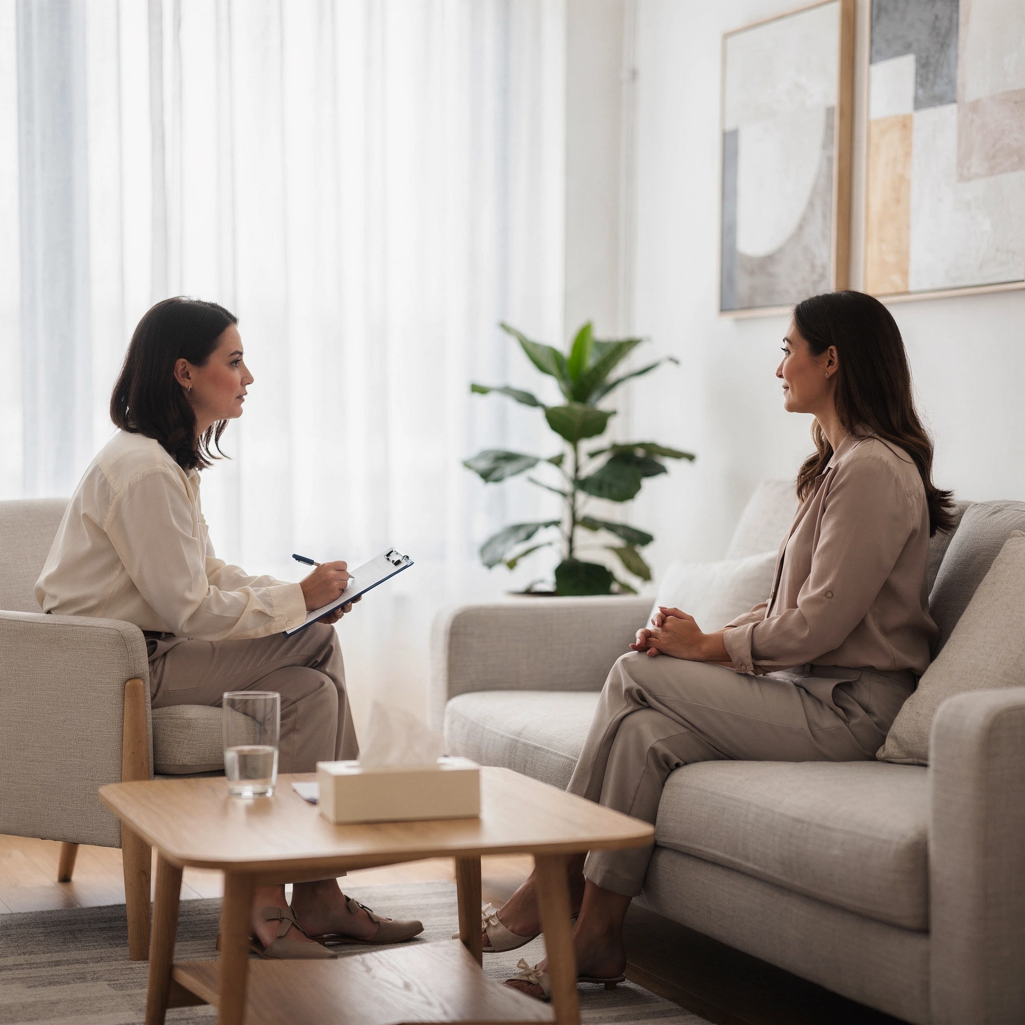 Mental health counselor taking notes while listening to patient during therapy session in bright, plant-filled office